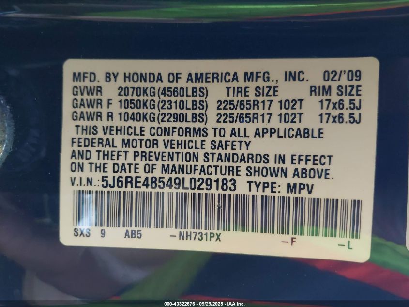 2009 Honda Cr-V Ex VIN: 5J6RE48549L029183 Lot: 43322676