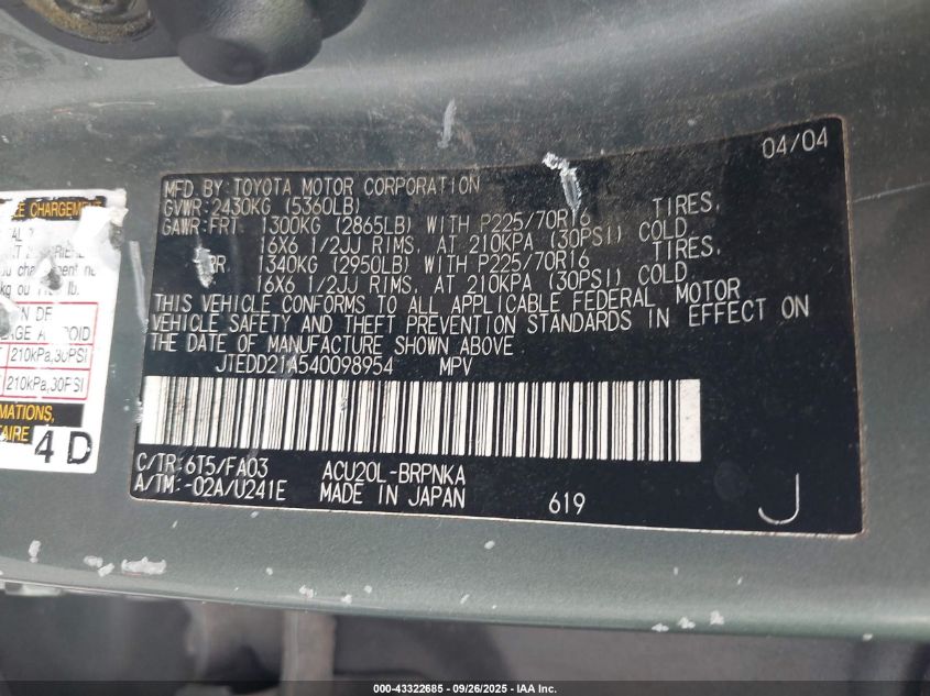 2004 Toyota Highlander VIN: JTEDD21A540098954 Lot: 43322685