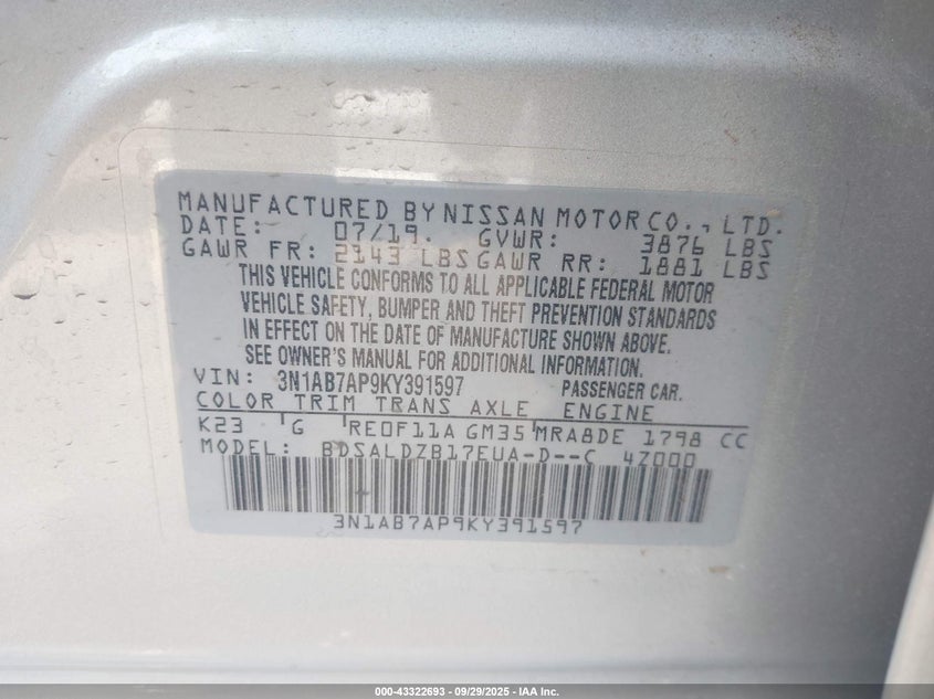 2019 Nissan Sentra Sv VIN: 3N1AB7AP9KY391597 Lot: 43322693