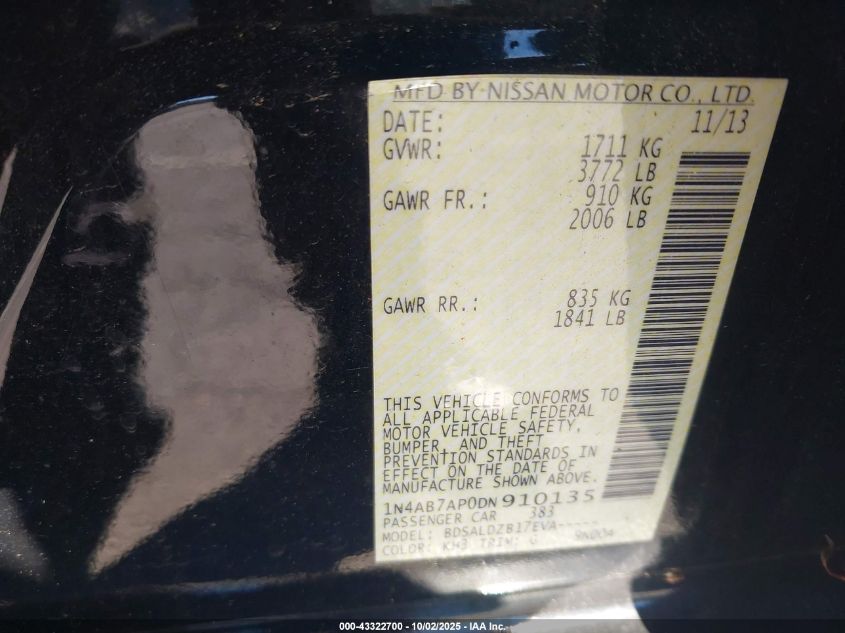 2013 Nissan Sentra Sv VIN: 1N4AB7AP0DN910135 Lot: 43322700