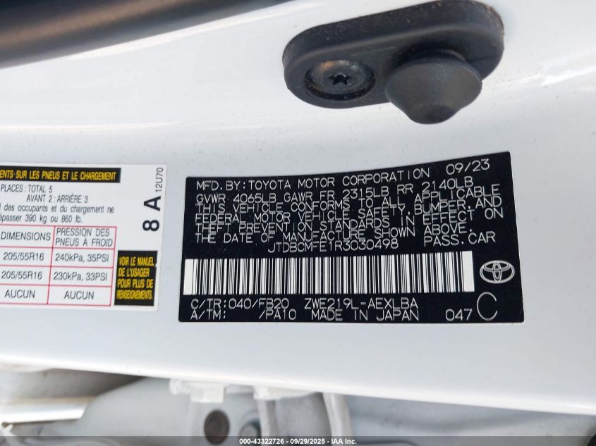 2024 Toyota Corolla Hybrid Le VIN: JTDBCMFE1R3030498 Lot: 43322726