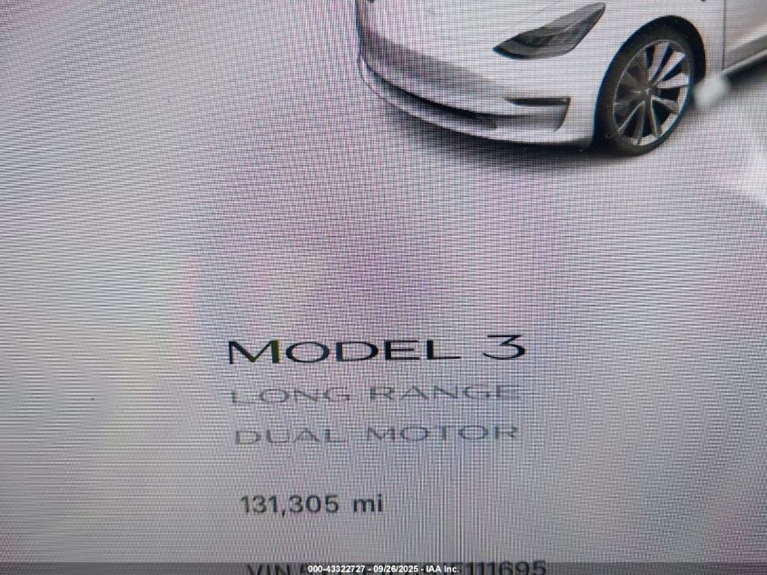 2018 Tesla Model 3 Long Range/Performance VIN: 5YJ3E1EB9JF111695 Lot: 43322727