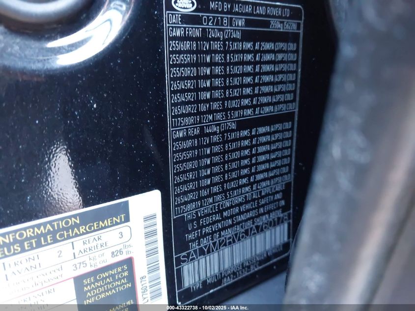 2018 Land Rover Range Rover Velar R-Dynamic Hse/First Ed VIN: SALYM2RV6JA760178 Lot: 43322738