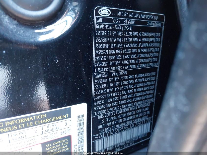 2018 Land Rover Range Rover Velar R-Dynamic Hse/First Ed VIN: SALYM2RV6JA760178 Lot: 43322738