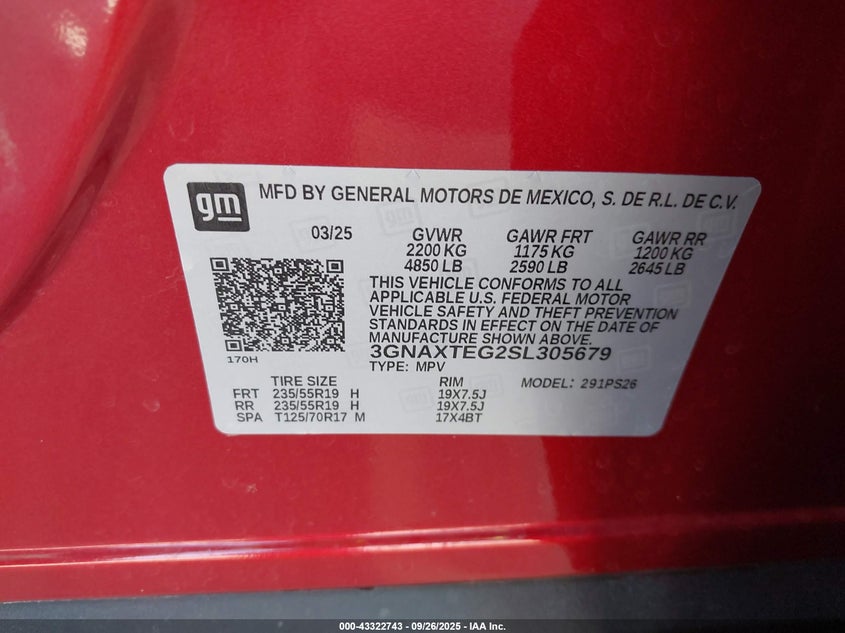 2025 Chevrolet Equinox Awd Rs VIN: 3GNAXTEG2SL305679 Lot: 43322743