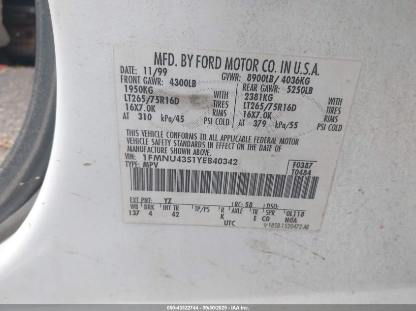 2000 Ford Excursion Limited VIN: 1FMNU43S1YEB40342 Lot: 43322744