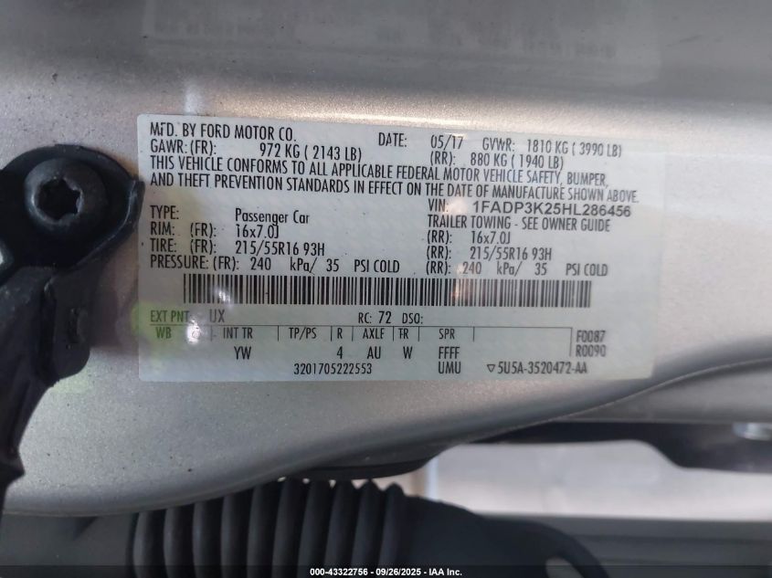 2017 Ford Focus Se VIN: 1FADP3K25HL286456 Lot: 43322756