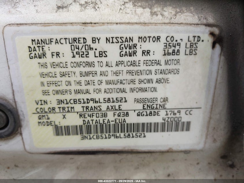 2006 Nissan Sentra 1.8S VIN: 3N1CB51D96L581521 Lot: 43322771