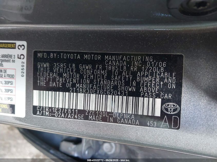 2006 Toyota Corolla Le VIN: 2T1BR30EX6C620431 Lot: 43322772