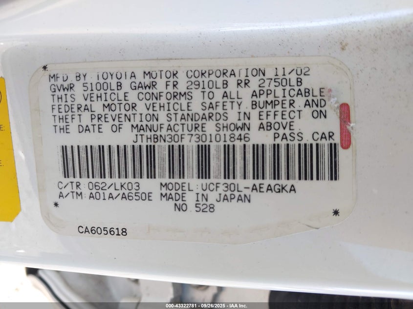 2003 Lexus Ls 430 VIN: JTHBN30F730101846 Lot: 43322781