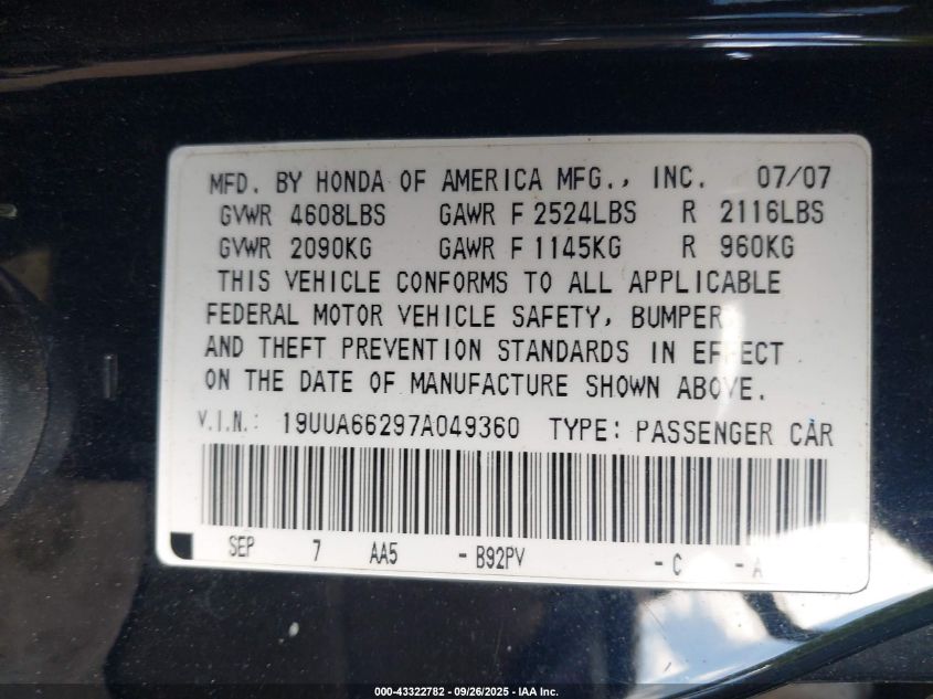 2007 Acura Tl 3.2 VIN: 19UUA66297A049360 Lot: 43322782