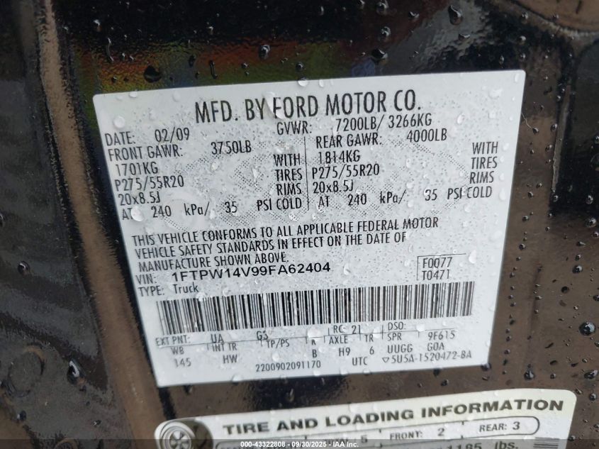 2009 Ford F-150 Fx4/King Ranch/Lariat/Platinum/Xl/Xlt VIN: 1FTPW14V99FA62404 Lot: 43322808