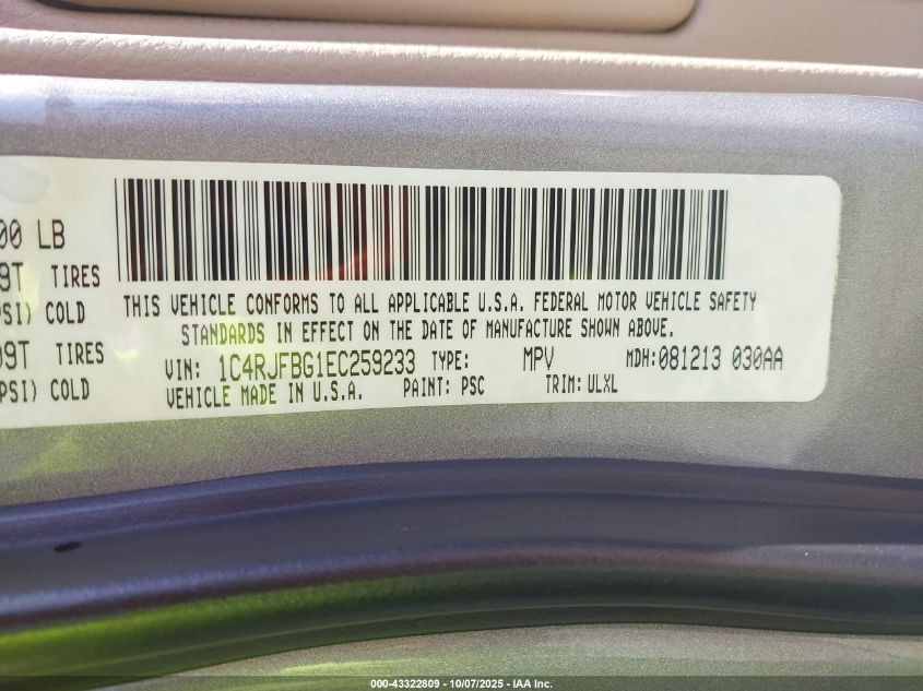 2014 Jeep Grand Cherokee Limited VIN: 1C4RJFBG1EC259233 Lot: 43322809