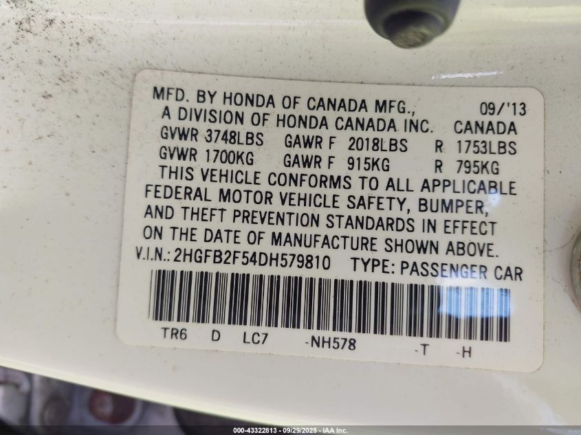 2013 Honda Civic Lx VIN: 2HGFB2F54DH579810 Lot: 43322813