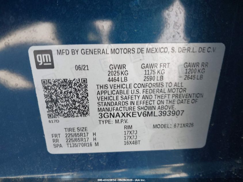 2021 Chevrolet Equinox Fwd Lt VIN: 3GNAXKEV6ML393907 Lot: 43322814