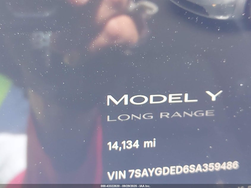 2025 Tesla Model Y Long Range Dual Motor Rear-Wheel Drive VIN: 7SAYGDED6SA359486 Lot: 43322820