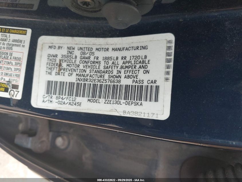 2006 Toyota Corolla S VIN: 1NXBR32E36Z576638 Lot: 43322822