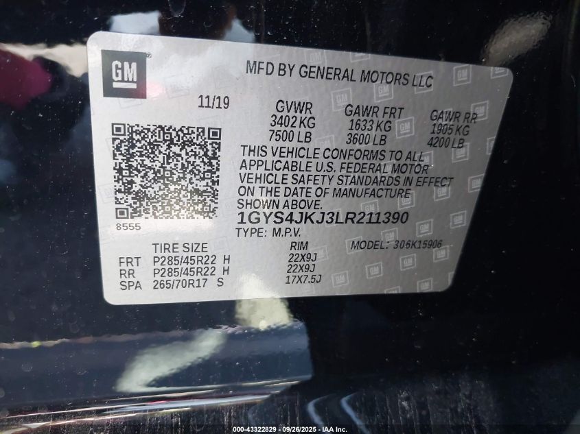 2020 Cadillac Escalade Esv 4Wd Premium Luxury VIN: 1GYS4JKJ3LR211390 Lot: 43322829