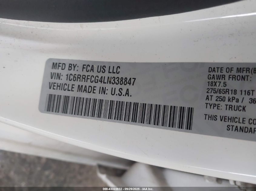 2020 Ram 1500 Tradesman 4X4 6'4 Box VIN: 1C6RRFCG4LN338847 Lot: 43322832