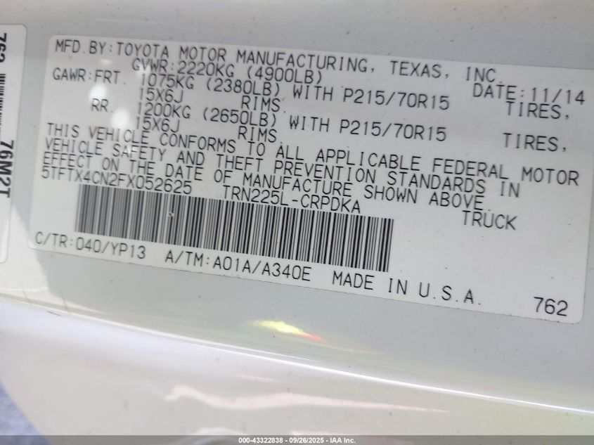 2015 Toyota Tacoma VIN: 5TFTX4CN2FX052625 Lot: 43322838