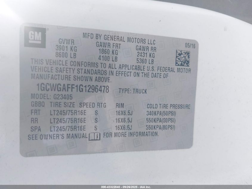 2016 Chevrolet Express 2500 Work Van VIN: 1GCWGAFF1G1296478 Lot: 43322840