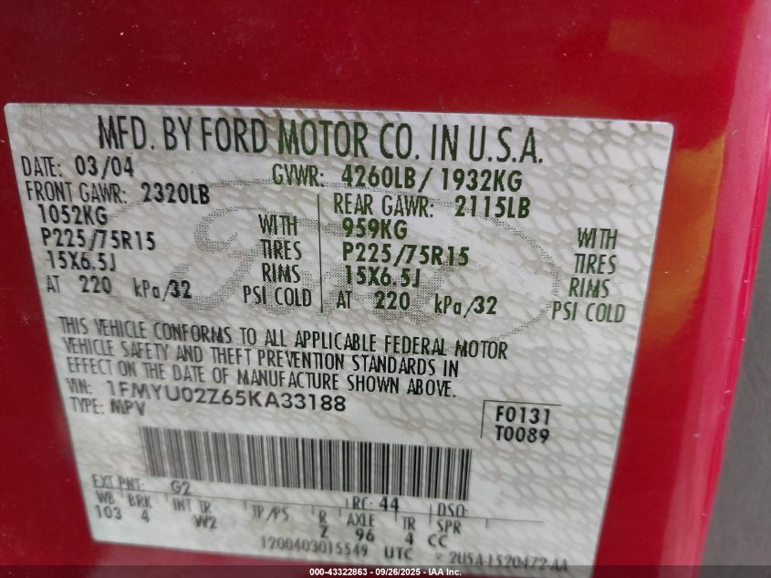 2005 Ford Escape Xls VIN: 1FMYU02Z65KA33188 Lot: 43322863