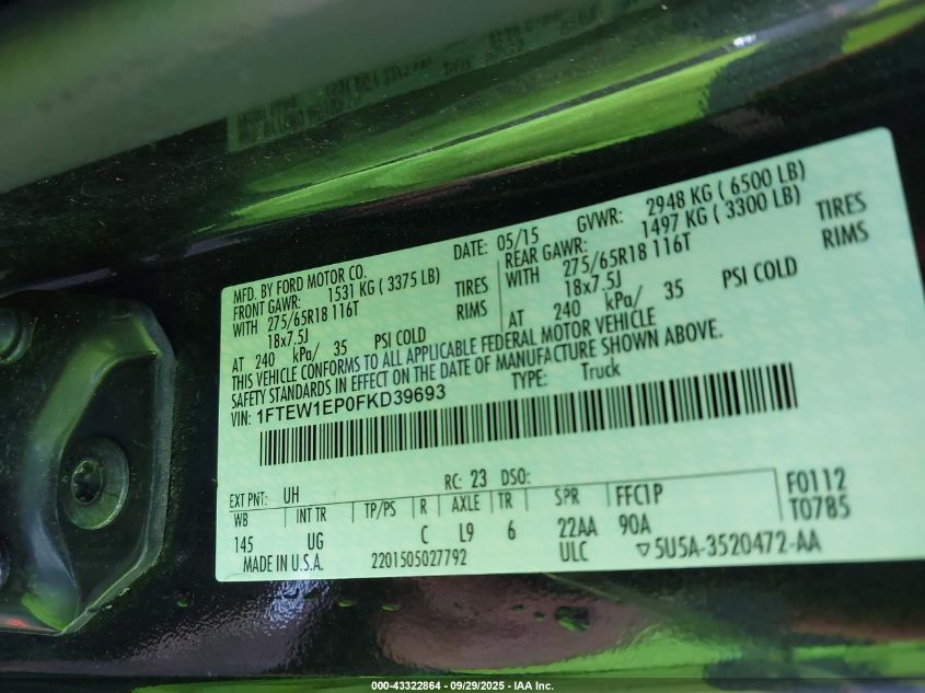 2015 Ford F-150 Xlt VIN: 1FTEW1EP0FKD39693 Lot: 43322864