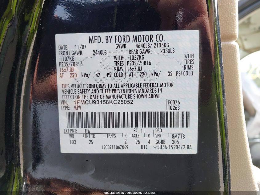 2008 Ford Escape Xlt VIN: 1FMCU93158KC25052 Lot: 43322866