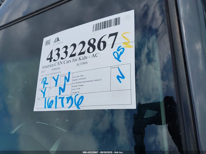 2013 Nissan Altima 2.5 S VIN: 1N4AL3AP2DN419376 Lot: 43322867