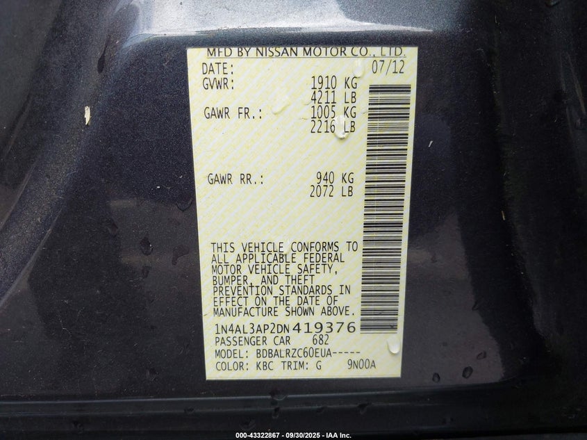 2013 Nissan Altima 2.5 S VIN: 1N4AL3AP2DN419376 Lot: 43322867