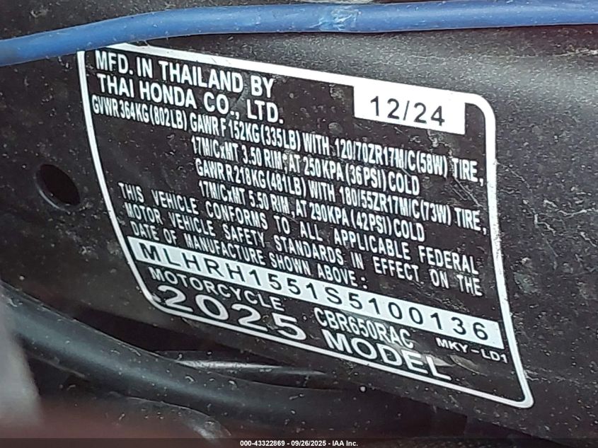 2025 Honda Cbr650 R VIN: MLHRH1551S5100136 Lot: 43322869