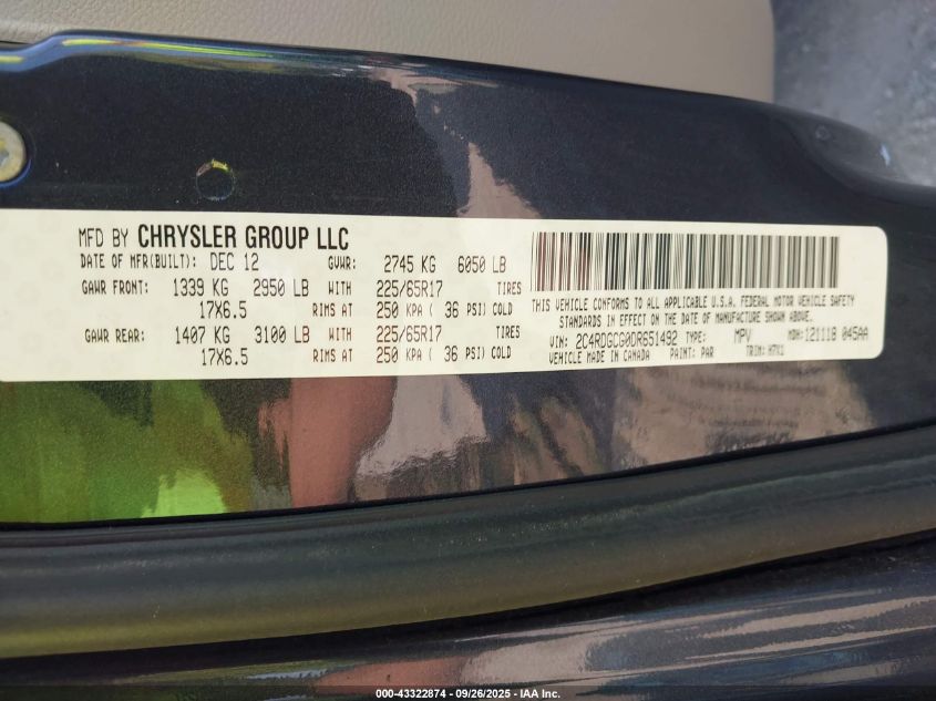 2013 Dodge Grand Caravan Sxt VIN: 2C4RDGCG0DR651492 Lot: 43322874