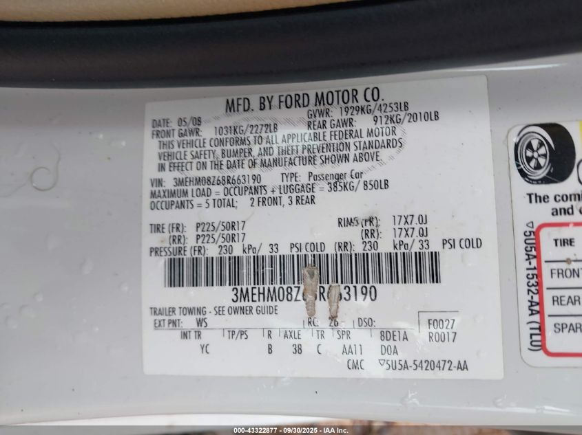 2008 Mercury Milan I4 Premier VIN: 3MEHM08Z68R663190 Lot: 43322877