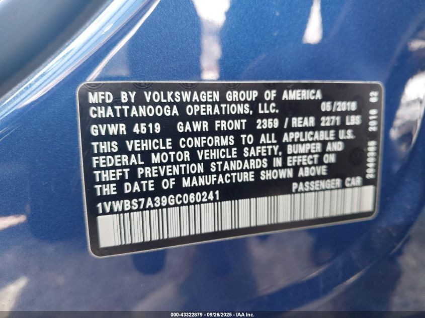 2016 Volkswagen Passat 1.8T Se VIN: 1VWBS7A39GC060241 Lot: 43322879