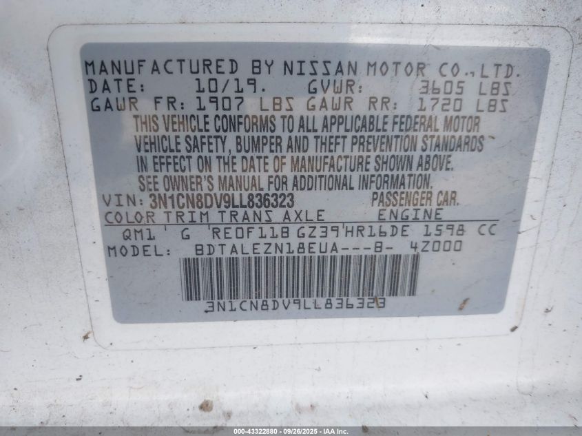 2020 Nissan Versa S Xtronic Cvt VIN: 3N1CN8DV9LL836323 Lot: 43322880