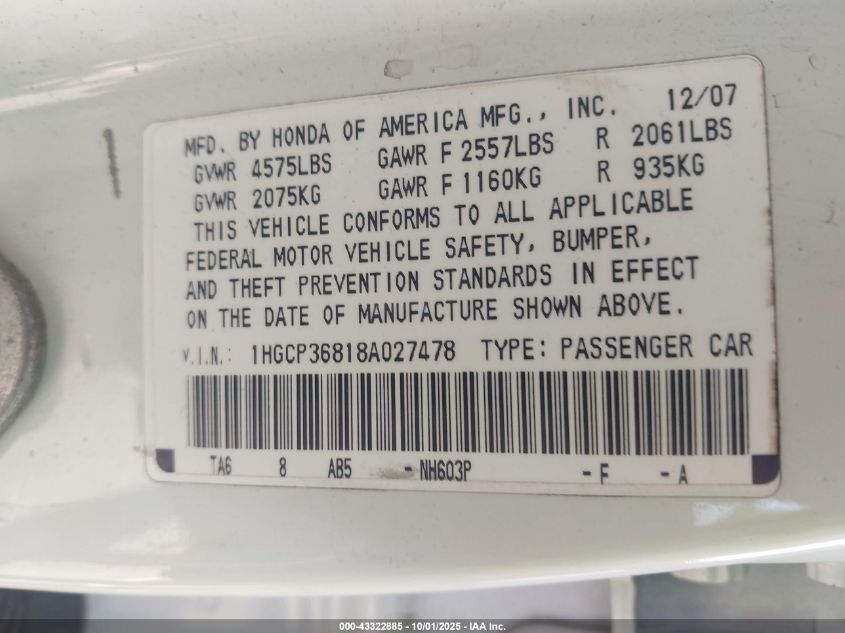 2008 Honda Accord 3.5 Ex-L VIN: 1HGCP36818A027478 Lot: 43322885