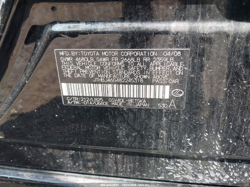 2008 Lexus Es 350 VIN: JTHBJ46G482245318 Lot: 43322891