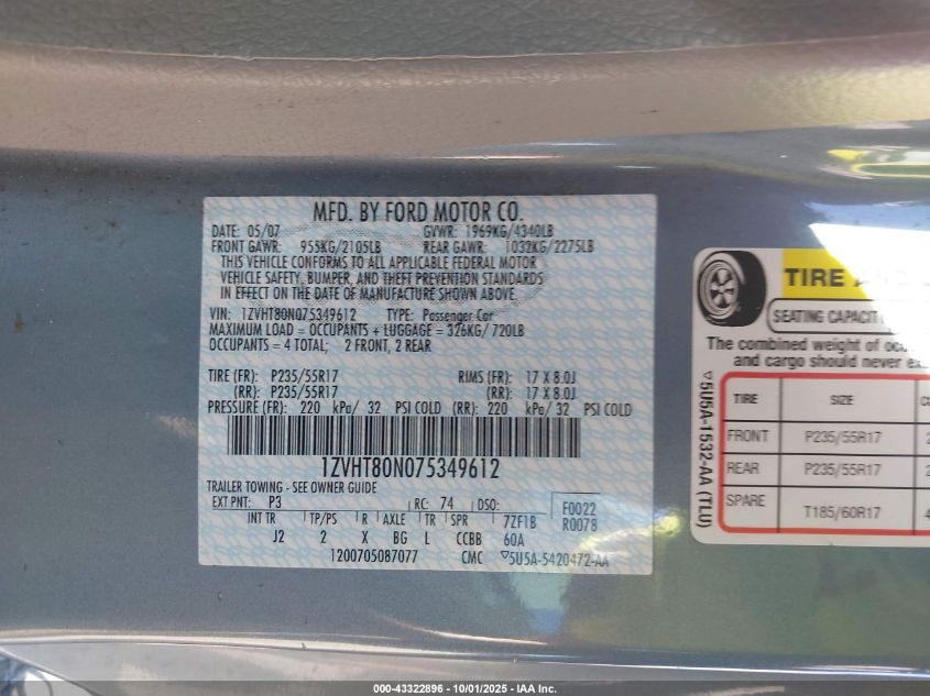 2007 Ford Mustang V6 Deluxe/V6 Premium VIN: 1ZVHT80N075349612 Lot: 43322896