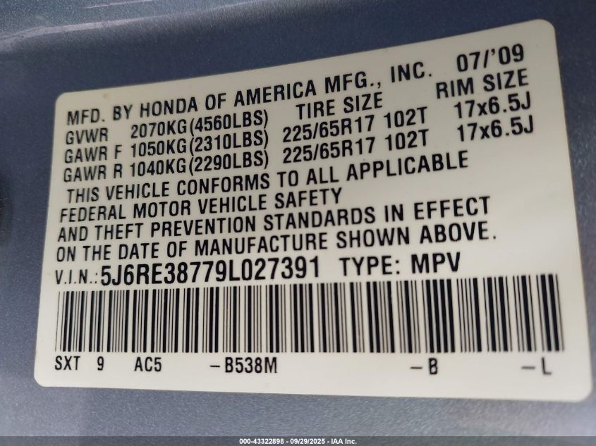 2009 Honda Cr-V Ex-L VIN: 5J6RE38779L027391 Lot: 43322898