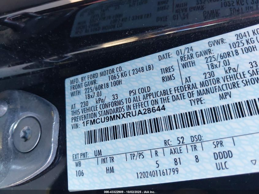 2024 Ford Escape St-Line VIN: 1FMCU9MNXRUA28644 Lot: 43322909