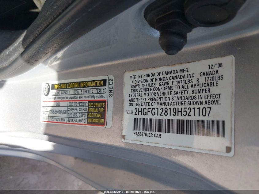 2009 Honda Civic Ex VIN: 2HGFG12819H521107 Lot: 43322913