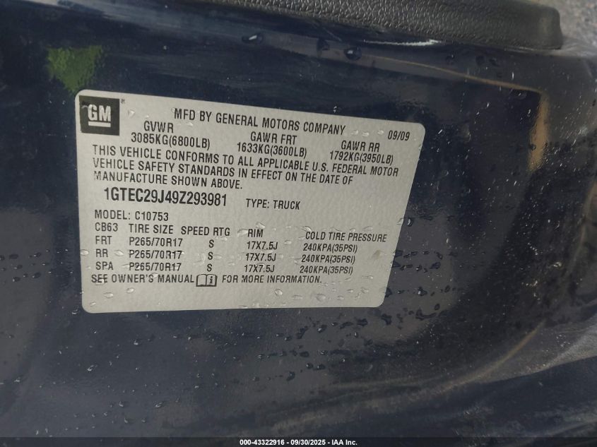 2009 GMC Sierra 1500 Sle VIN: 1GTEC29J49Z293981 Lot: 43322916