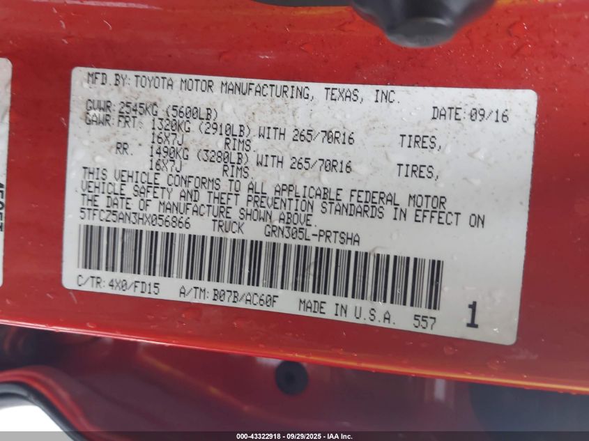 2017 Toyota Tacoma Trd Off Road VIN: 5TFCZ5AN3HX056866 Lot: 43322918