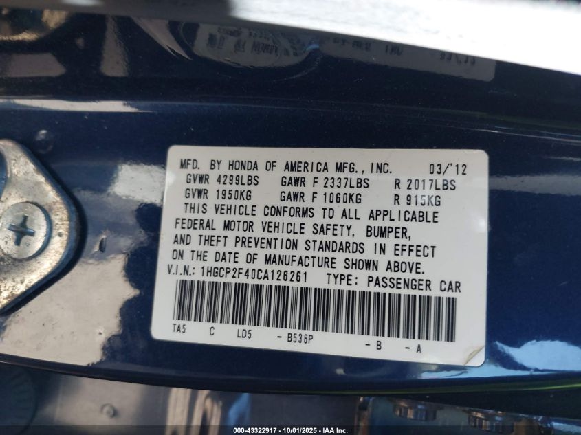 2012 Honda Accord 2.4 Lx-P VIN: 1HGCP2F40CA126261 Lot: 43322917