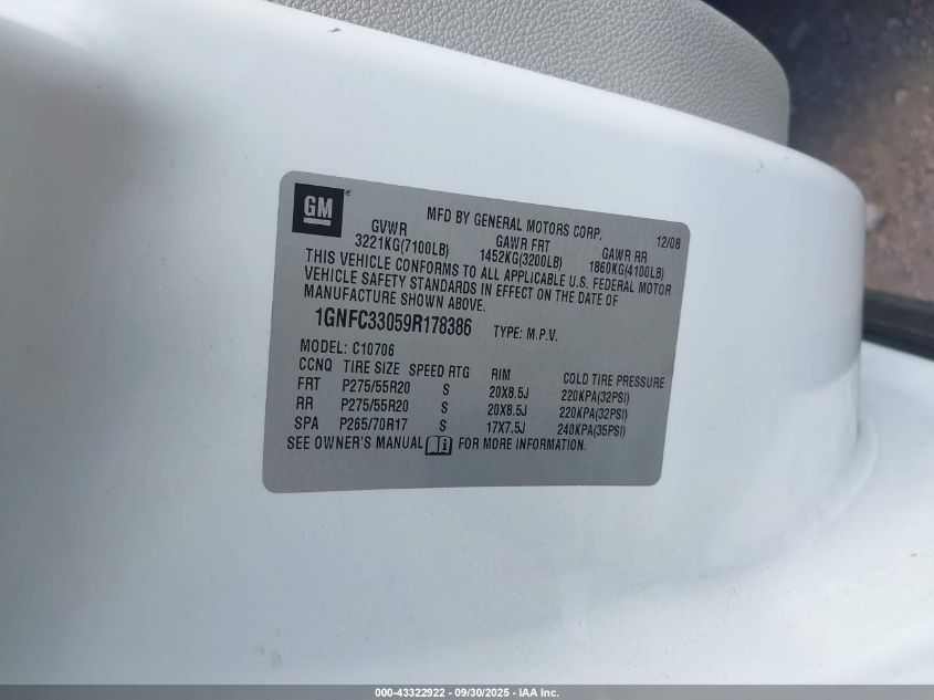 2009 Chevrolet Tahoe Ltz VIN: 1GNFC33059R178386 Lot: 43322922