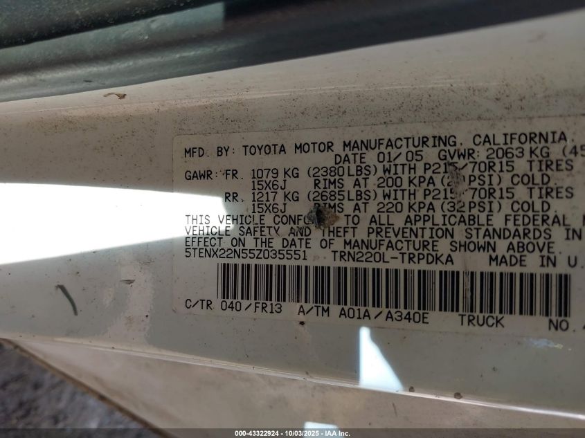 2005 Toyota Tacoma VIN: 5TENX22N55Z035551 Lot: 43322924