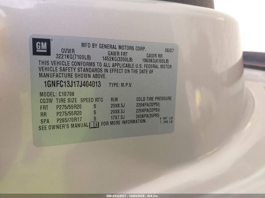 2007 Chevrolet Tahoe Ltz VIN: 1GNFC13J17J404013 Lot: 43322927