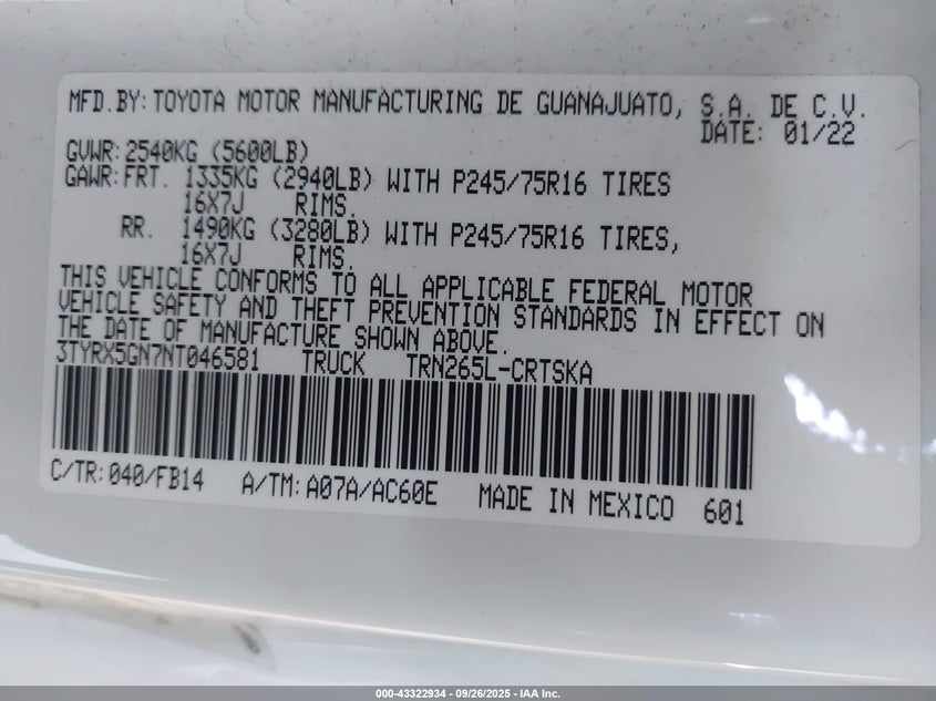 2022 TOYOTA TACOMA SR - 3TYRX5GN7NT046581