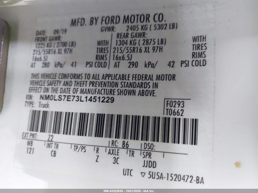 2020 Ford Transit Connect Xl VIN: NM0LS7E73L1451229 Lot: 43322936