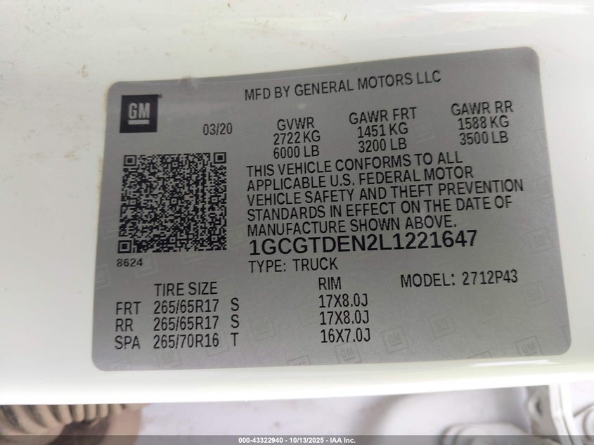 2020 Chevrolet Colorado 4Wd Short Box Z71 VIN: 1GCGTDEN2L1221647 Lot: 43322940